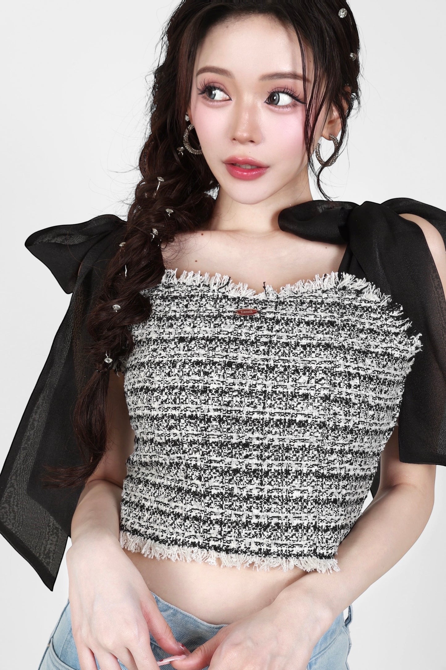shoulder ribbon tweed tops