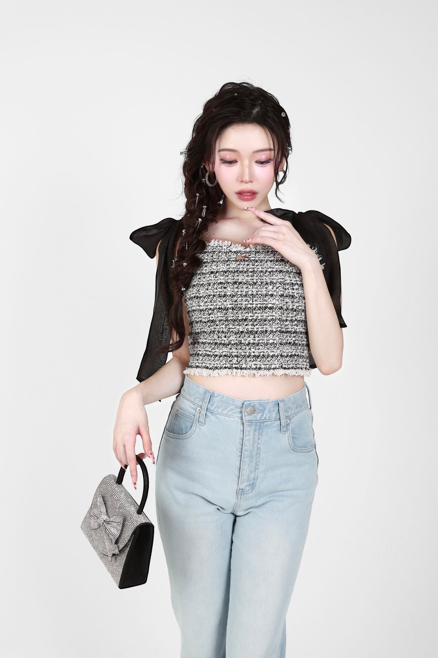 shoulder ribbon tweed tops