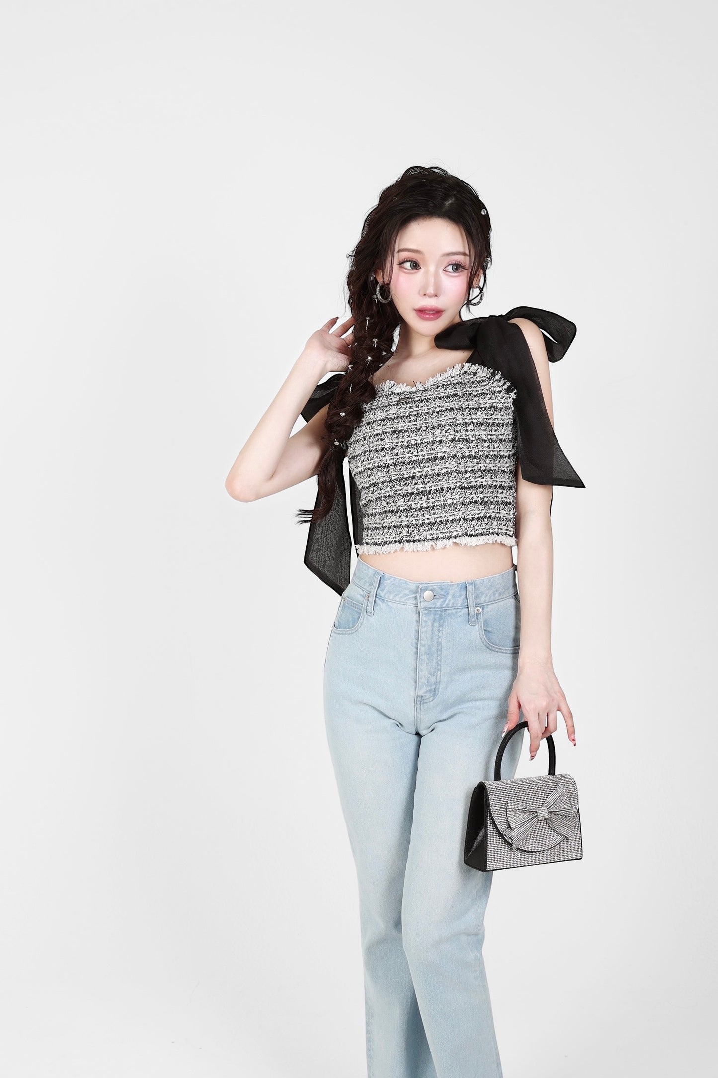 shoulder ribbon tweed tops