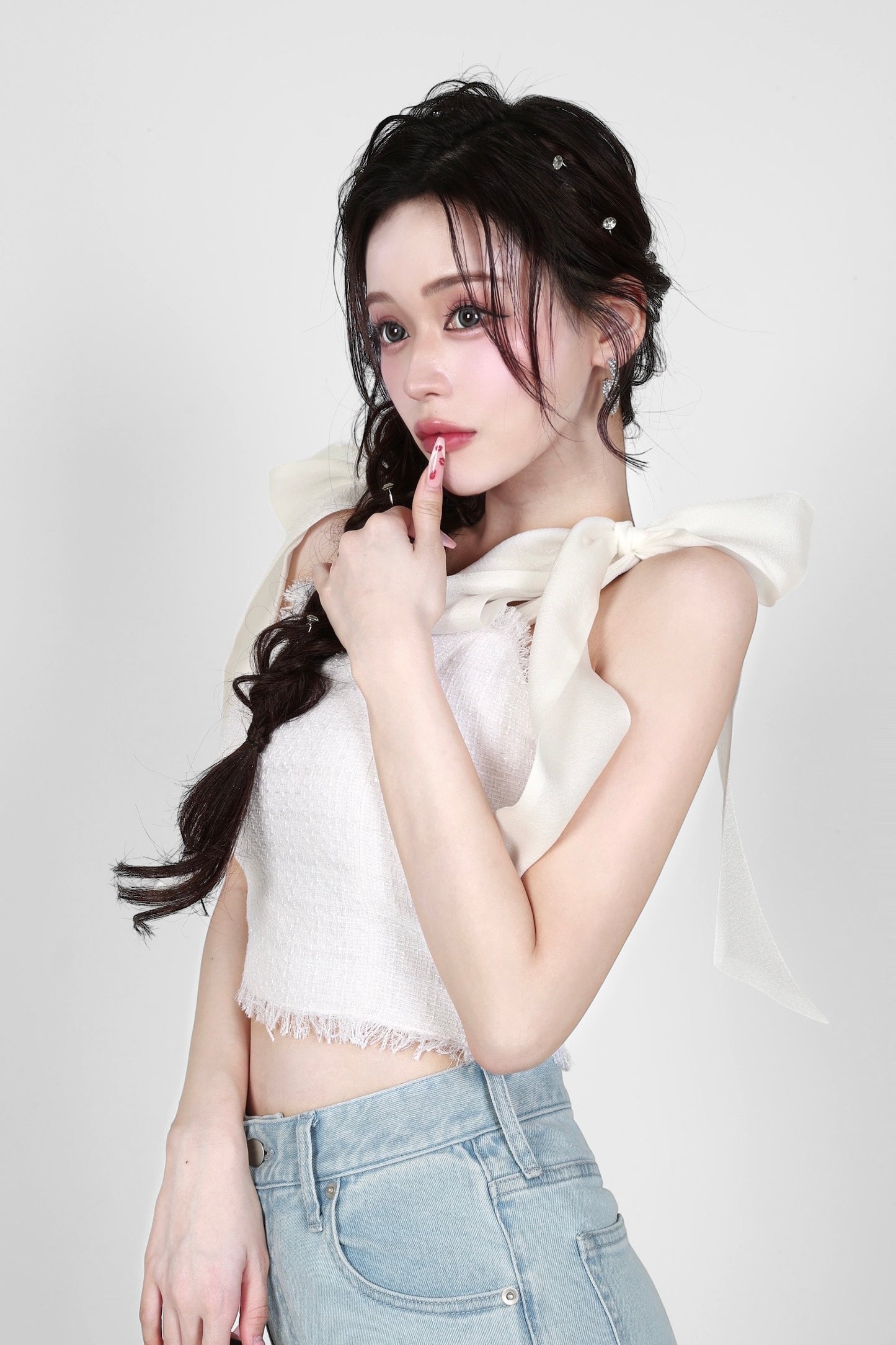 shoulder ribbon tweed tops