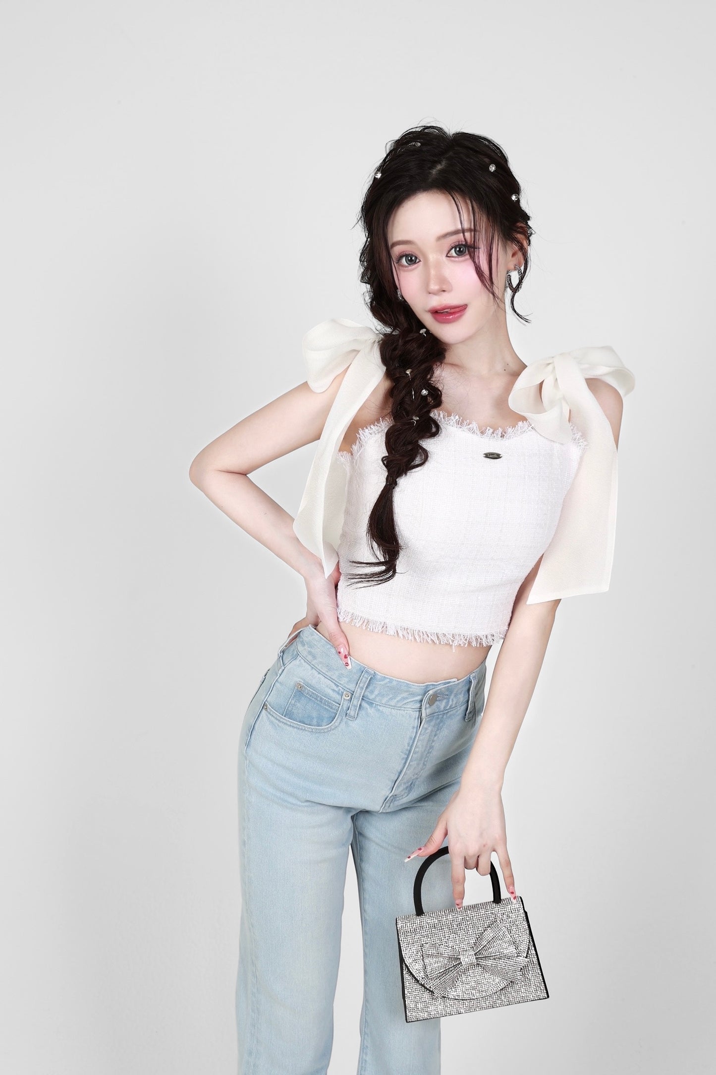 shoulder ribbon tweed tops