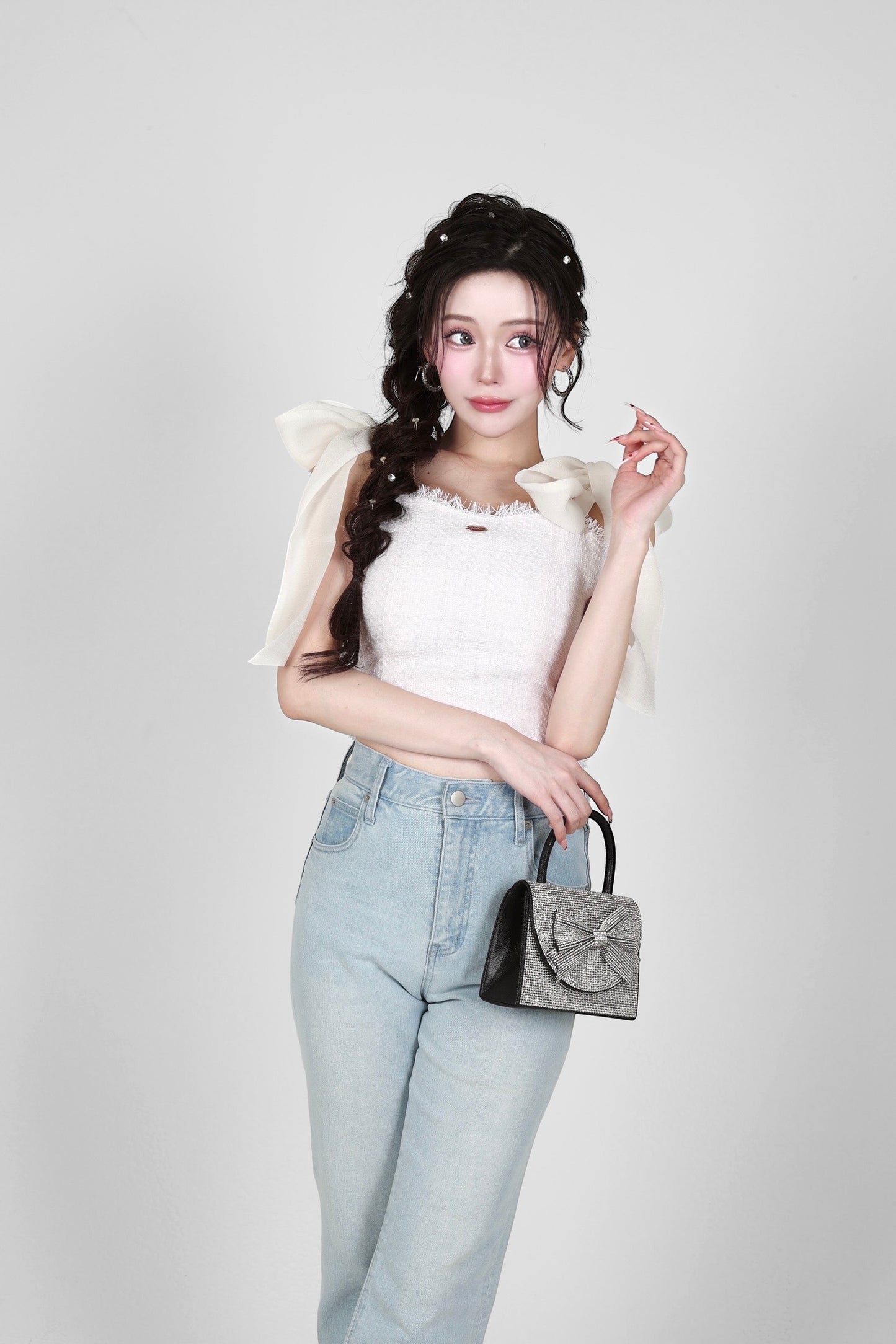 shoulder ribbon tweed tops