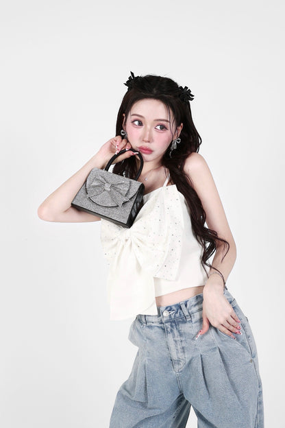 rhinestone ribbon tops <WHITE>