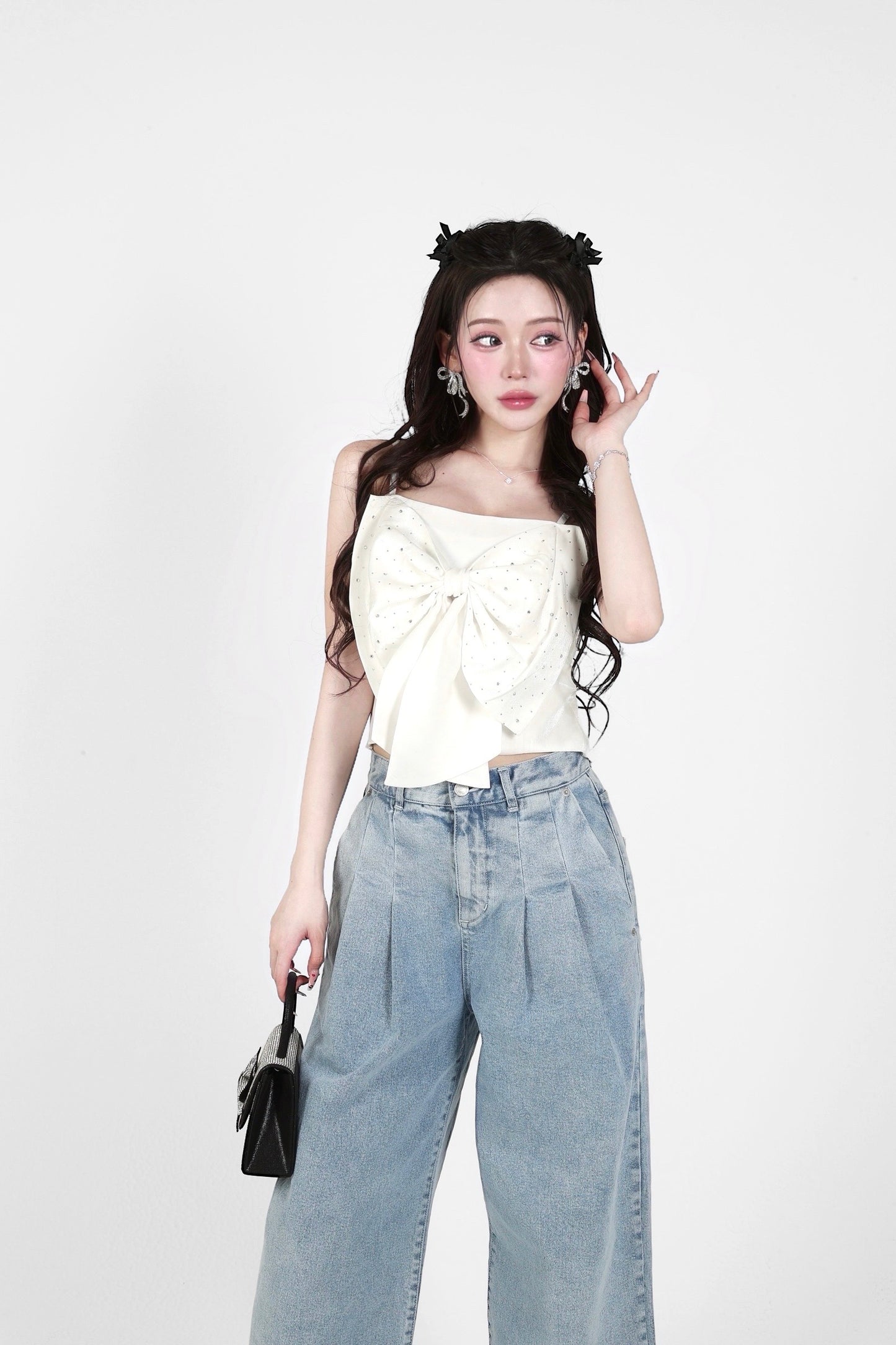 rhinestone ribbon tops <WHITE>