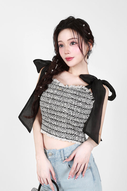 shoulder ribbon tweed tops